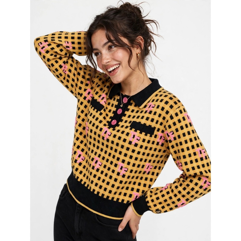 Teddy Fresh Women's XL Yellow Black Check Knit Polo Sweater Pink TF Logo